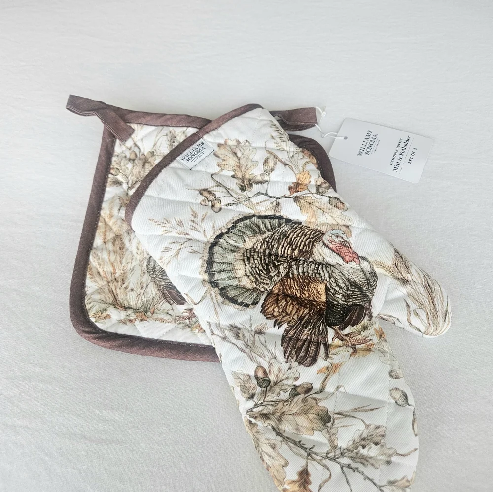 Williams Sonoma Turkey Oven Mitt and Potholder Set in Cream, Brown, Tan